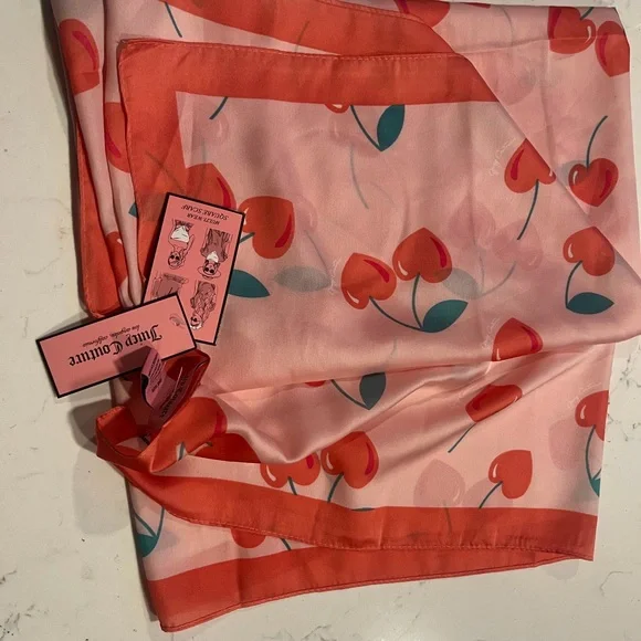 NWT New JUICY COUTURE Cherries Scarf Heart Love 36 inch by 36 inch Red Cherry - Picture 2 of 3